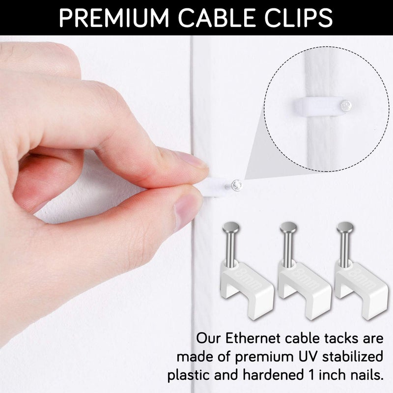 CableGeeker Cable Clips - CableGeeker 100 Pieces Ethernet Cable Clips with Nails 8mm Cord Holder for Cat6 Cat7 Flat Ethernet Cable (White) - Image 4